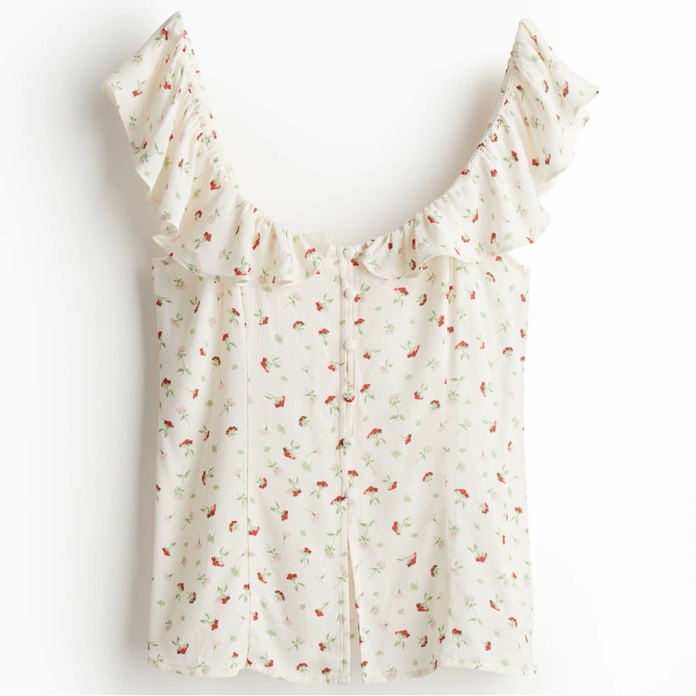 H&M Ruffle-Trimmed Top Cream with Small Flowers Size Small